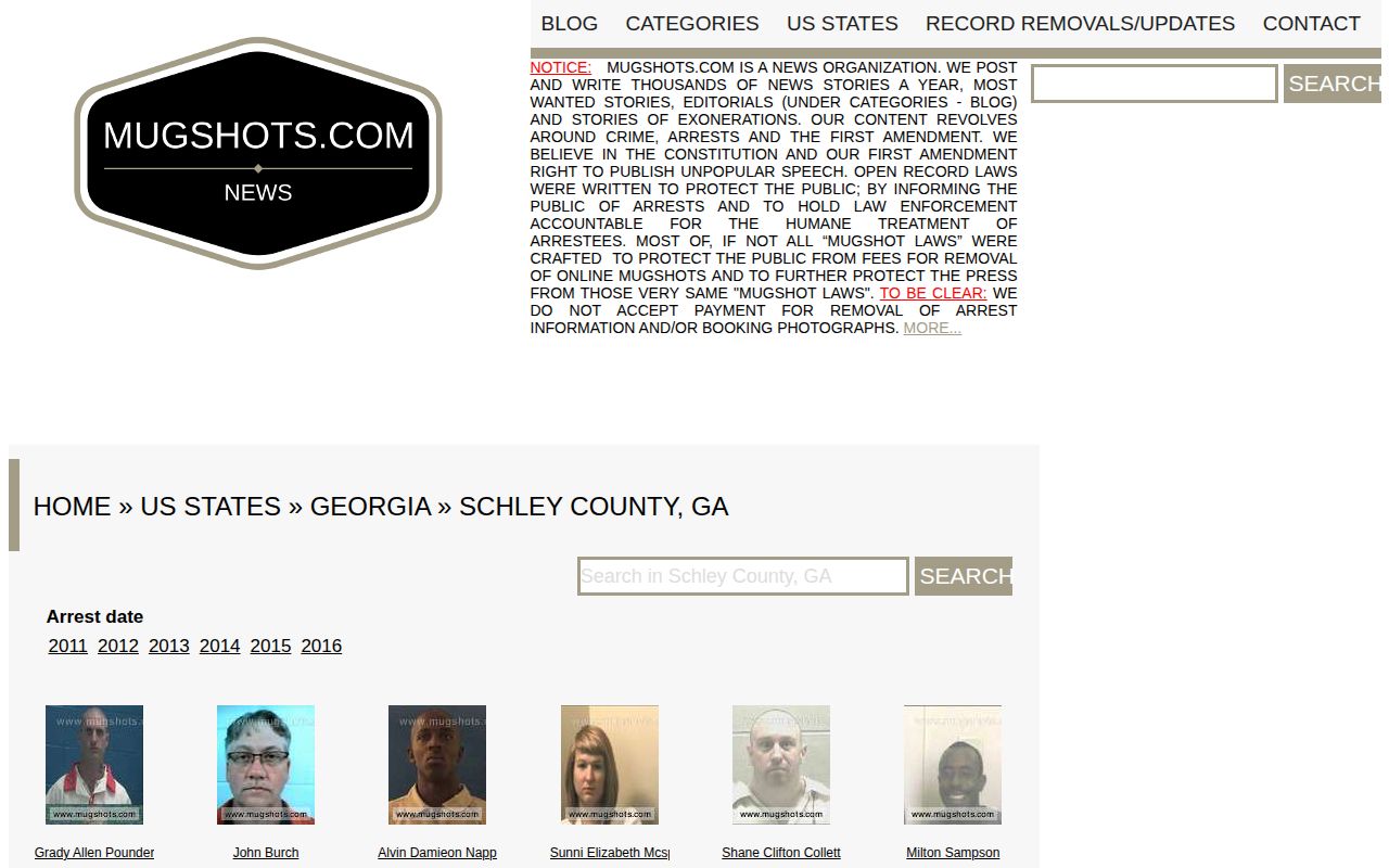 Historical Mugshots.com Schley County archive landing page
