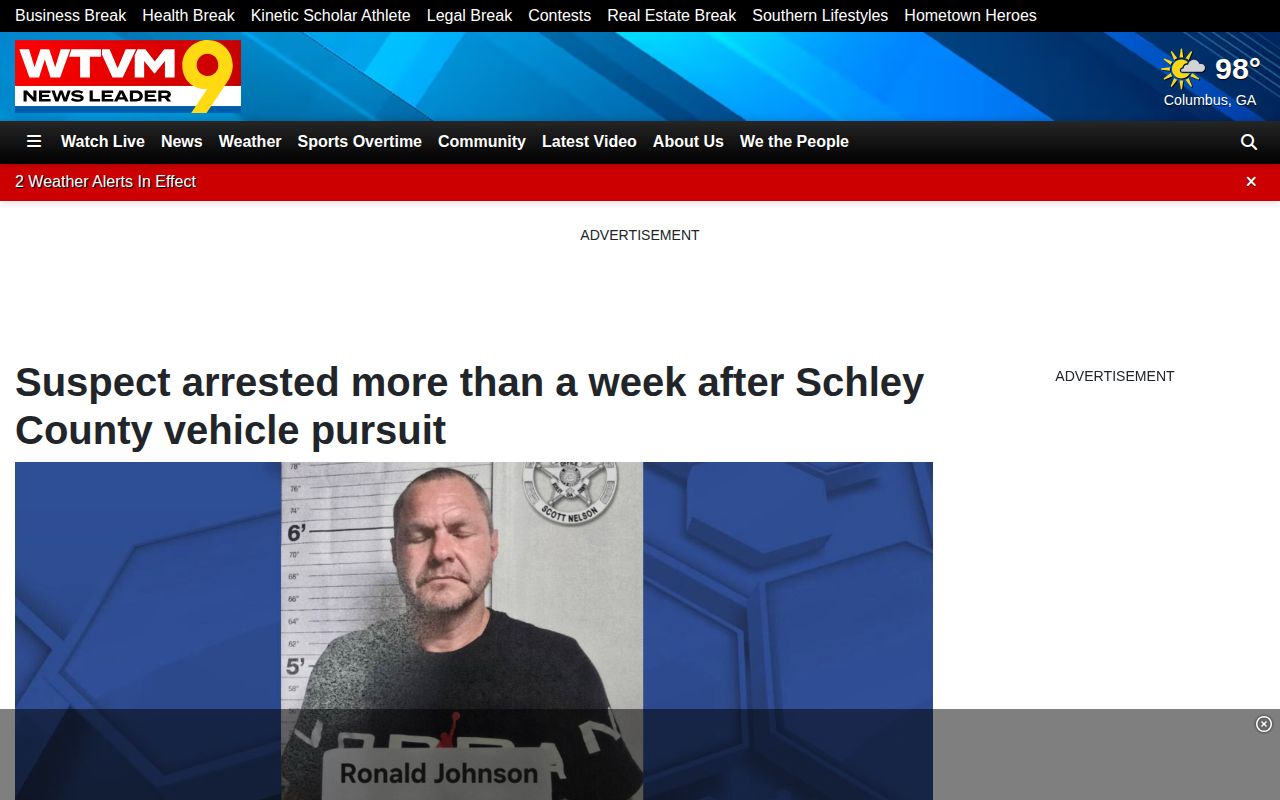 WTVM Schley County pursuit report with an agency-attributed arrest image